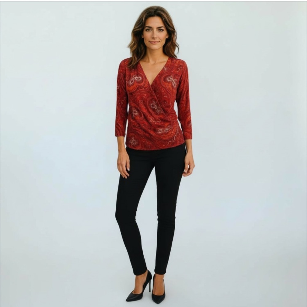 Talbots Women’s Paisley Red Front Crossover Top Size MP